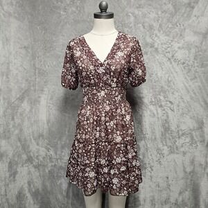 Babydoll Floral Smocked Waist V Neck Mini Dress Brown White PS Feminine Boho